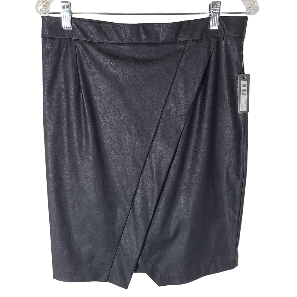 Stoosh size Large faux leather black wrap style above knee skirt zip back NEW